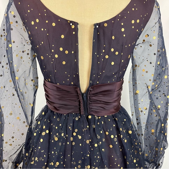 Vintage 50s Maxi Dress Navy & Gold Polka Dot Formal Gown XS/S - Picture 3 of 13